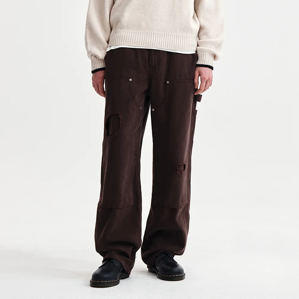 DISTRESSED DOUBLE KNEE WORK PANTS FOR MEN IN BROWN
