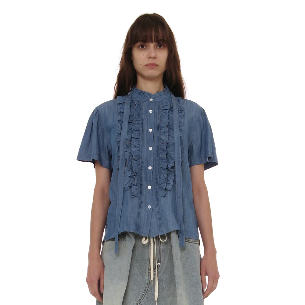 SCARF RUFFLE PINTUCK BLOUSE_DENIM