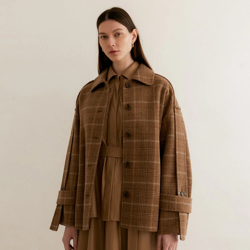 BELT POINT HALF CHECK HANDMADE COAT - BROWN
