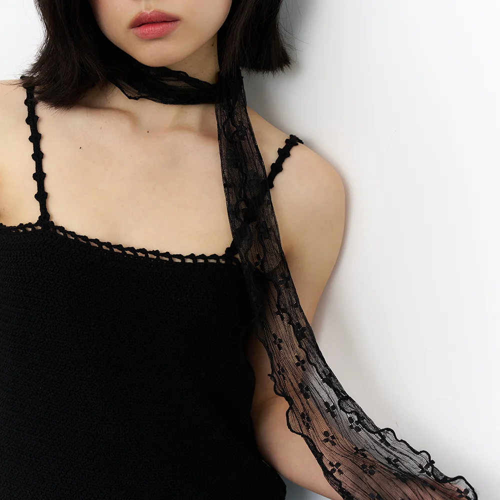 flower mesh long scarf - black