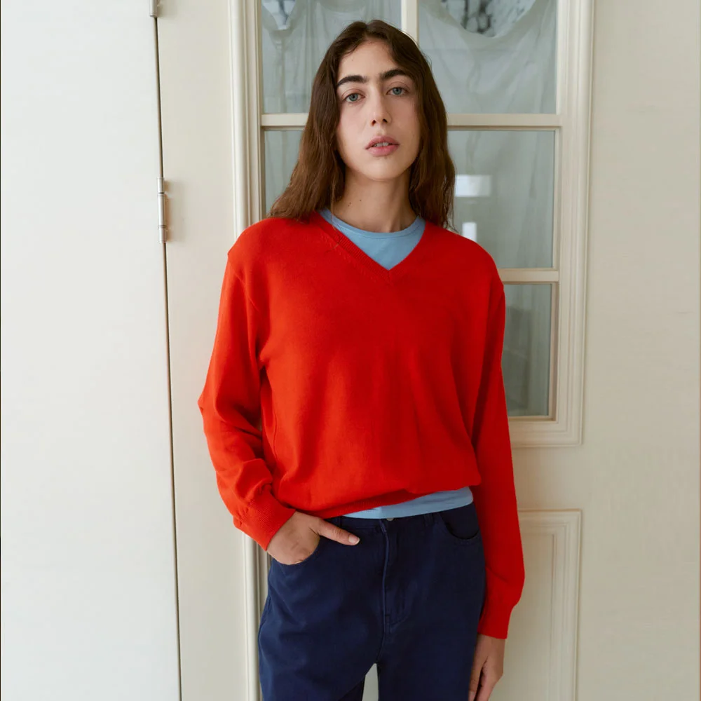 Regular Cotton V-Neck Knit (Red)