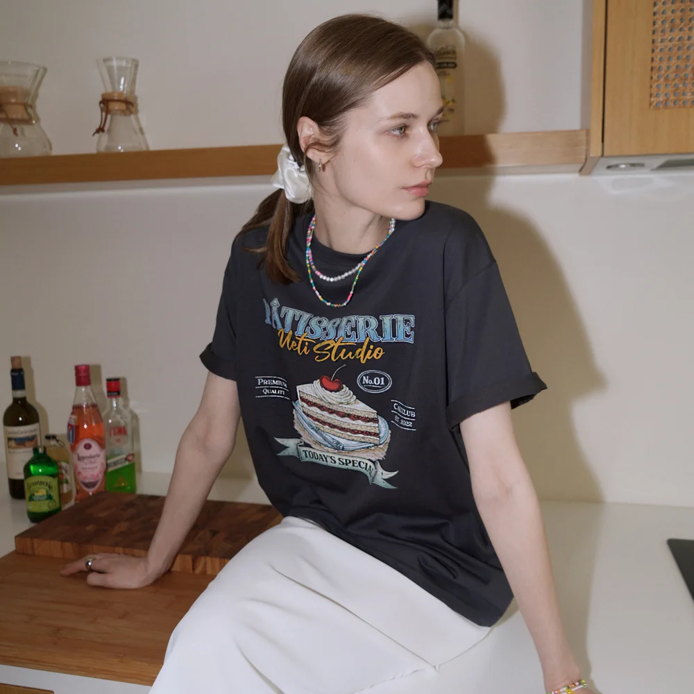 Cotton Oversized Lettering&Cake Print Tee (charcoal)