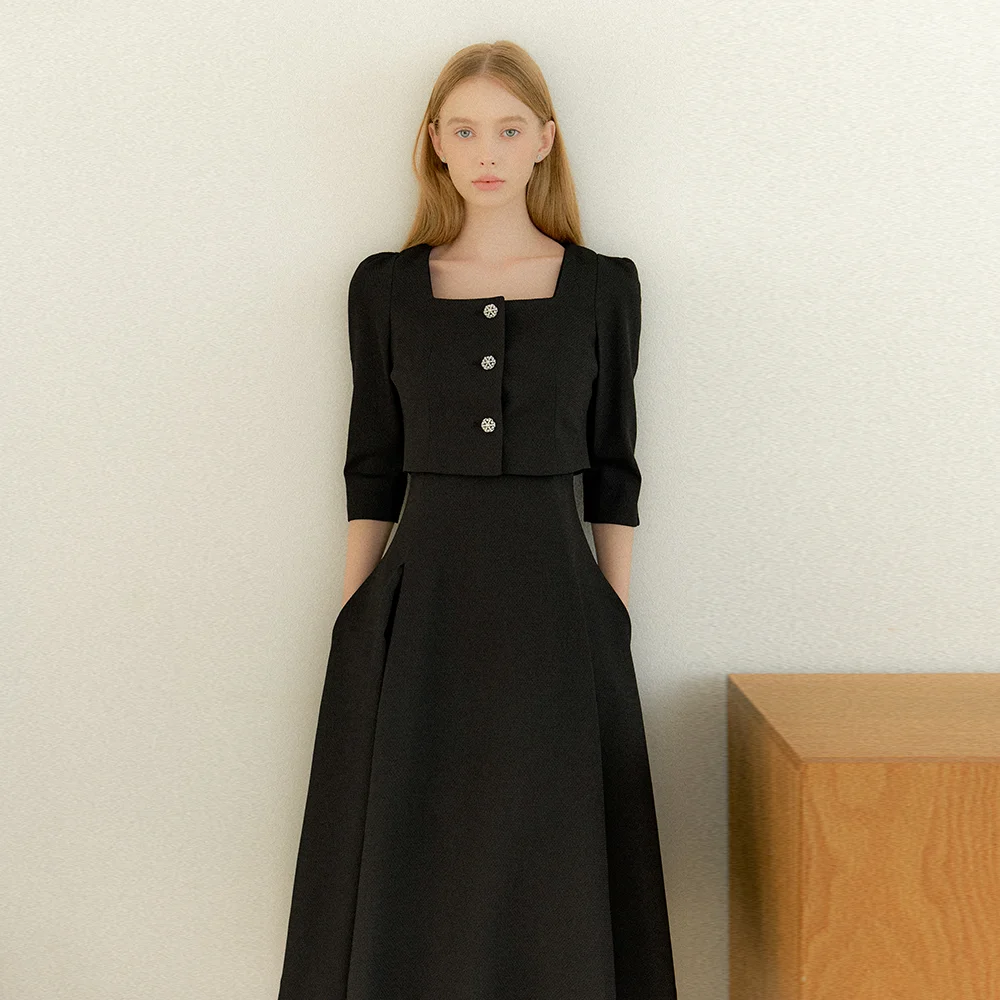 Square-neck 2piece-Style Flare Dress / Black(3color)