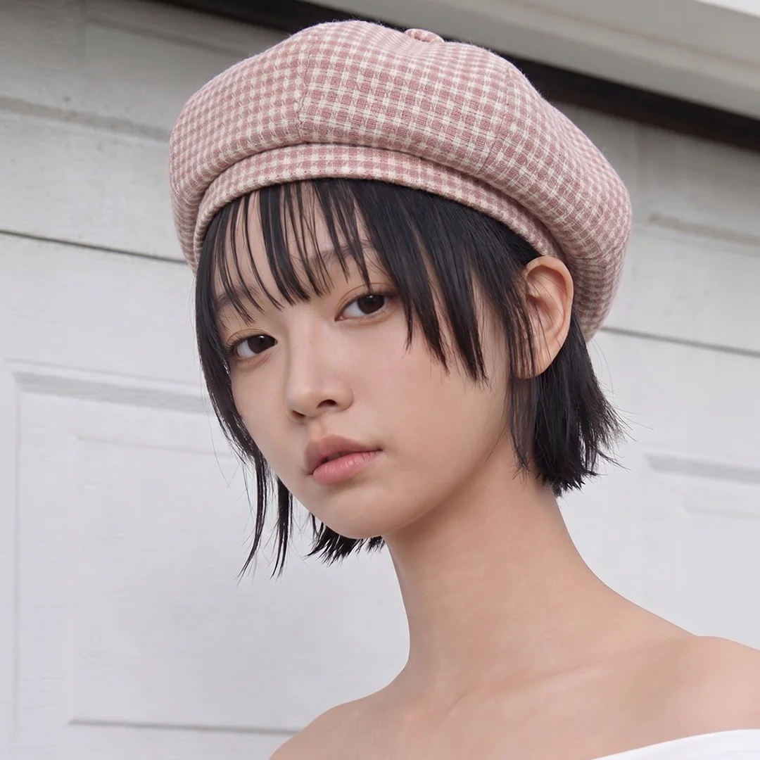 純棉 格紋 圖案 四季 日常 女裝 報童帽 貝雷帽 BREAD BERET / MODS / PINK