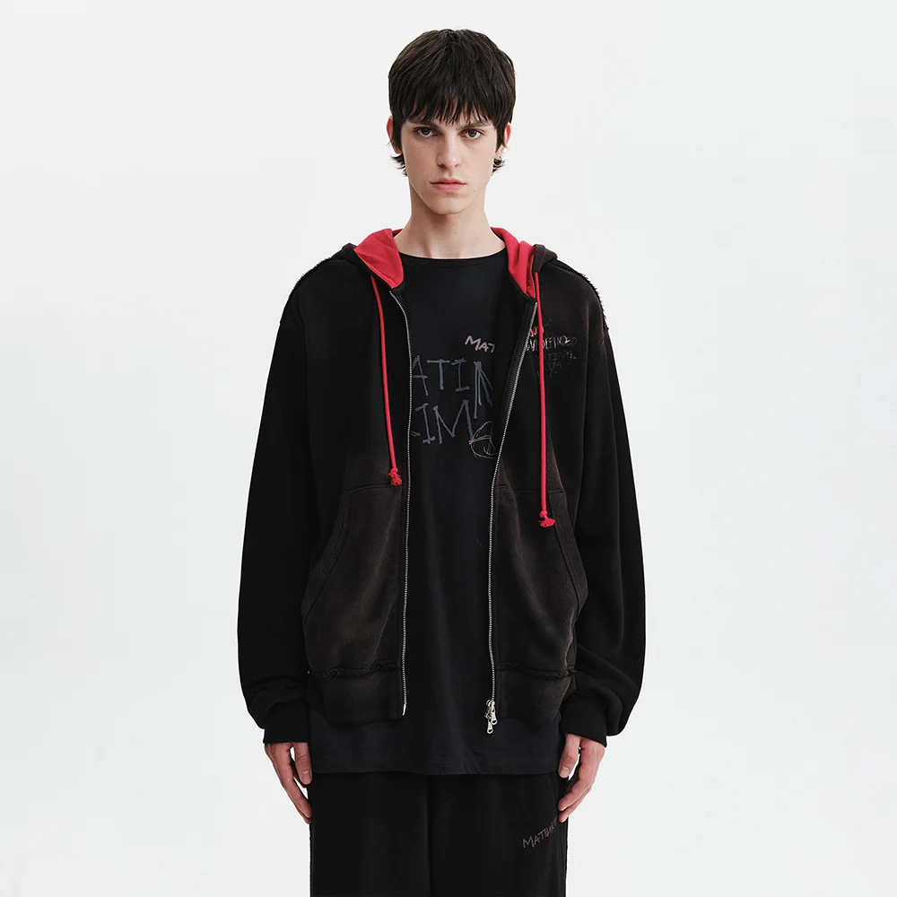 VINTAGE WASHED COLOR CONTRAST HOODY ZIP UP IN BLACK