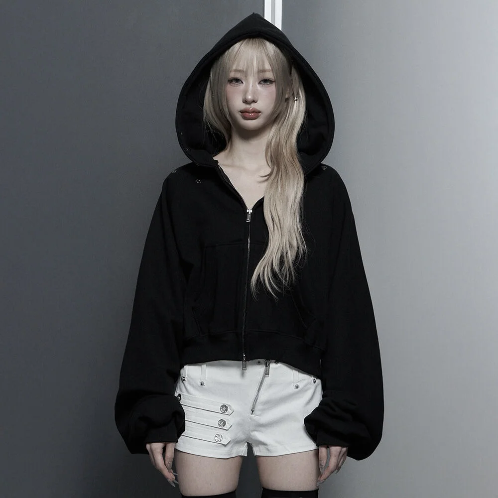Hotfix Detail Cropped Two-Way Zip Hoodie (Black)