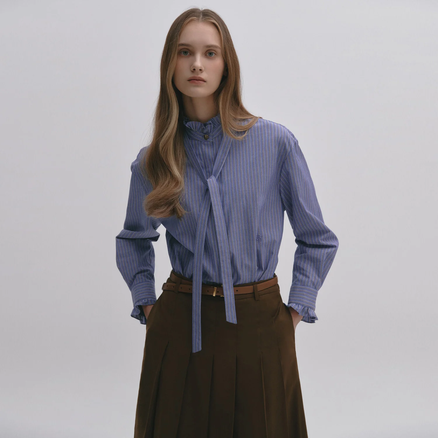 Tie Ruffled Band Neck Shirt BLUE