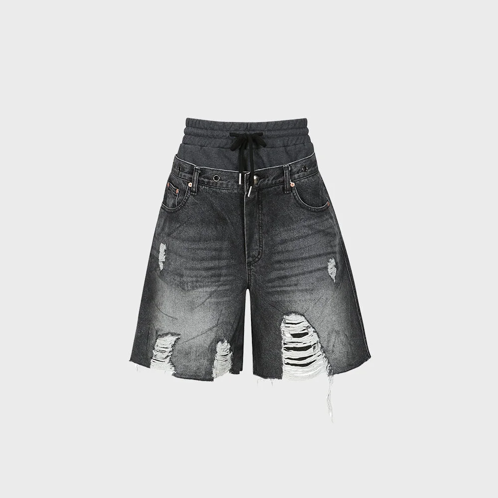 DENNY SWEAT WAIST DAMAGED SHORTS apa718w(WASHED BLACK)