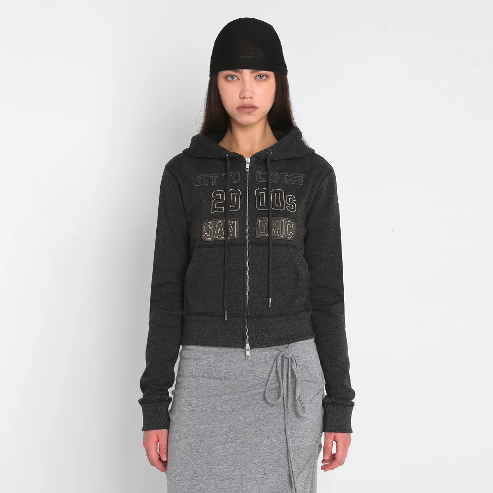 BRUSHED PATCH HOODED ZIP UP_CHARCOAL