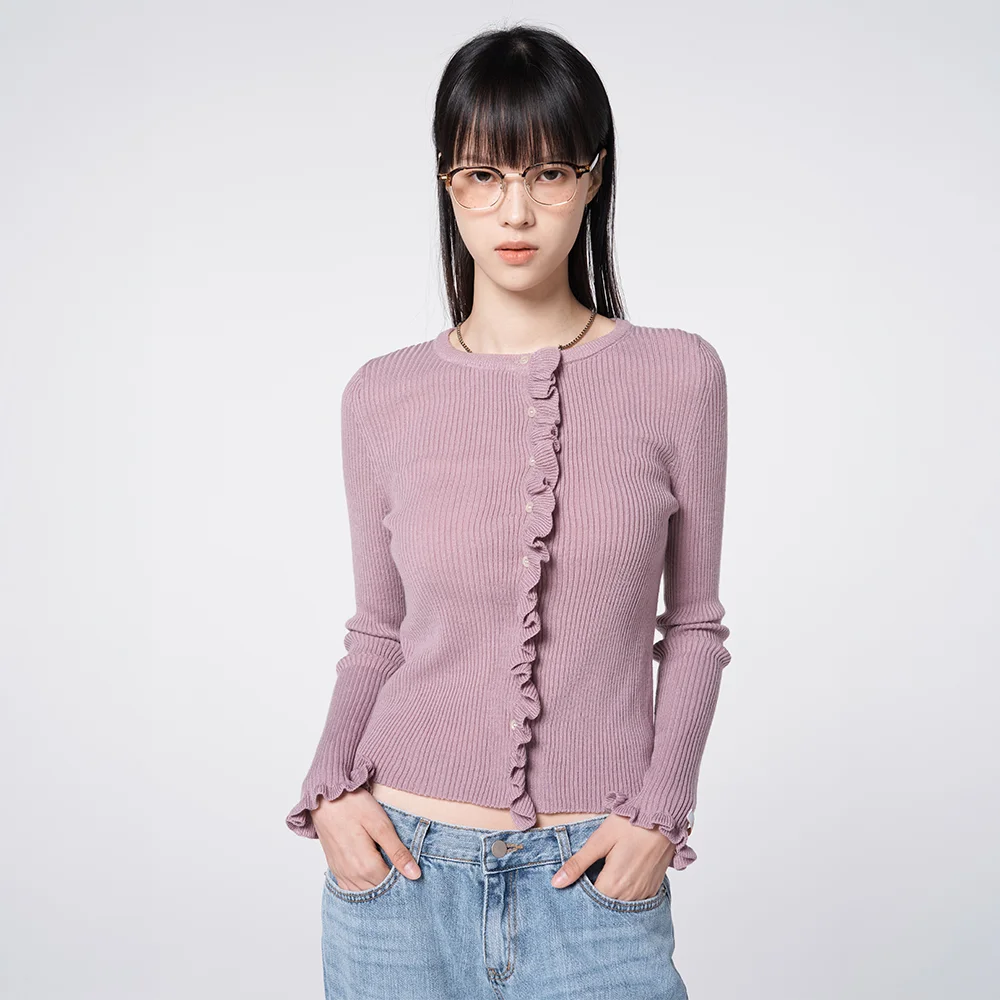 Ruffle Trim Ribbed Knit Cardigan Lavender