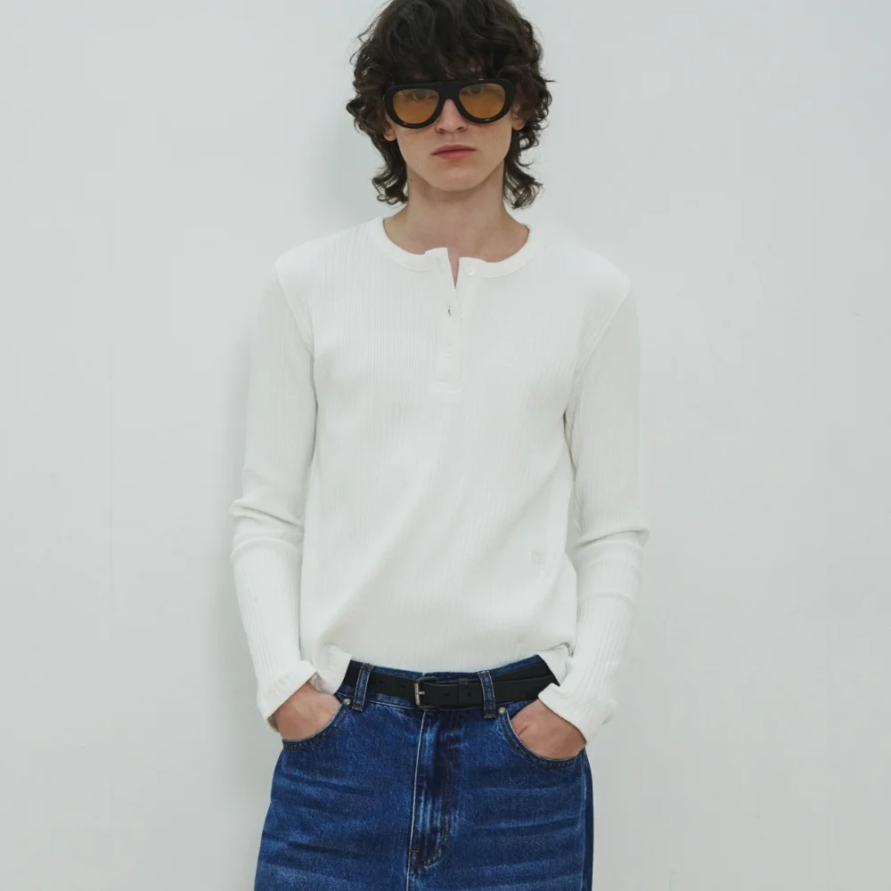 MJ Henley Neck Ribbed T-shirt / White