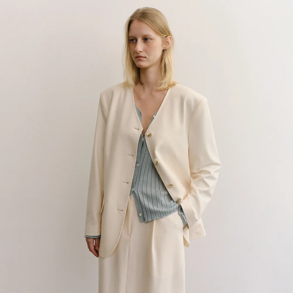 HERRINGBONE COLLARLESS JACKET_CREAM