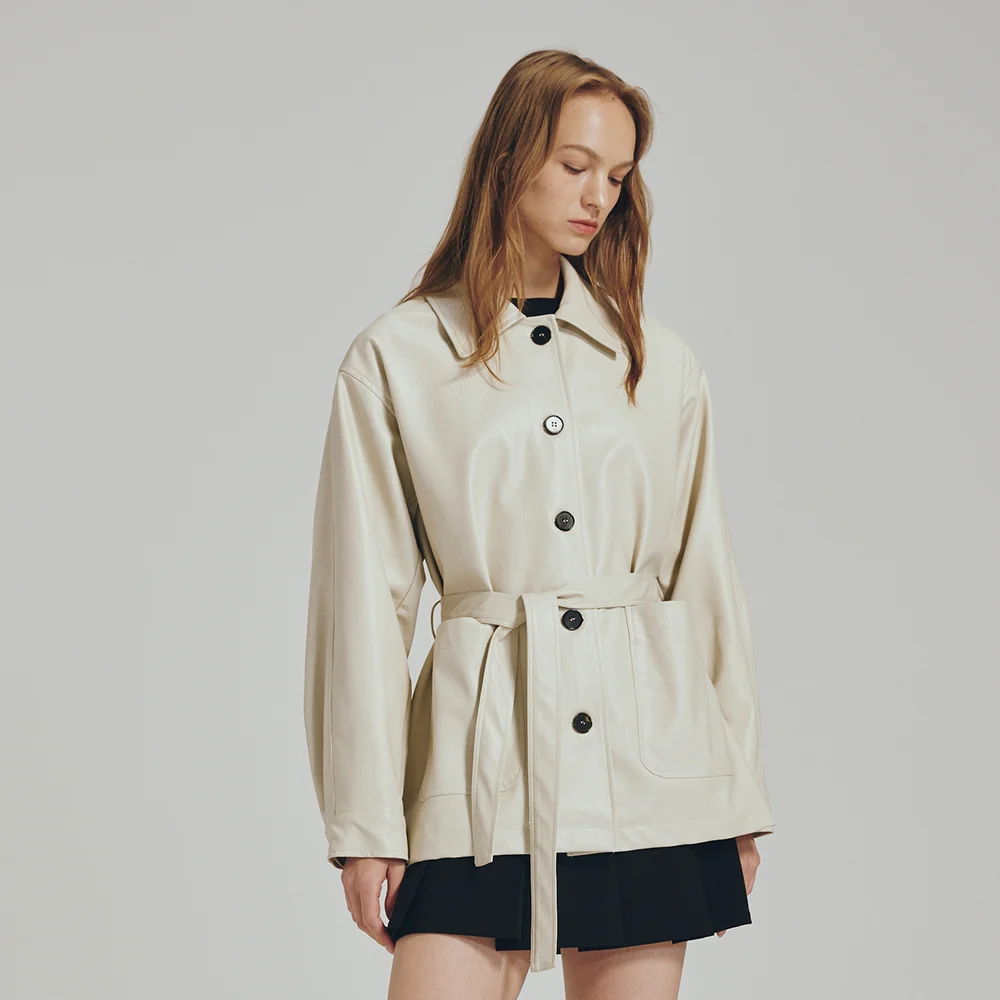 束帶 皮革 外套 - 奶油 / Belted Leather Jacket - Cream