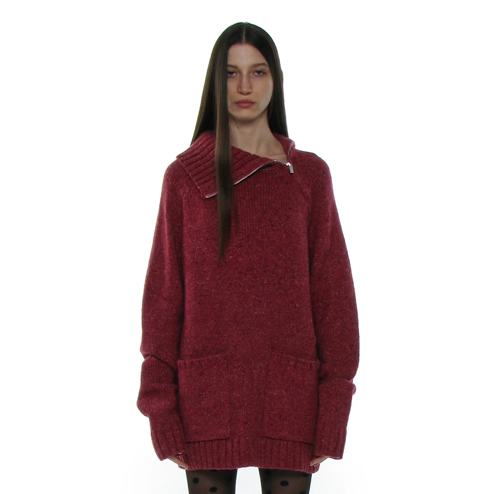 GRADIENT HALF ZIP-UP POCKET KNIT CREWNECK_PLUM