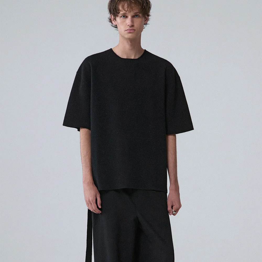Fine merino wool double faced half sleeve pullover_Black