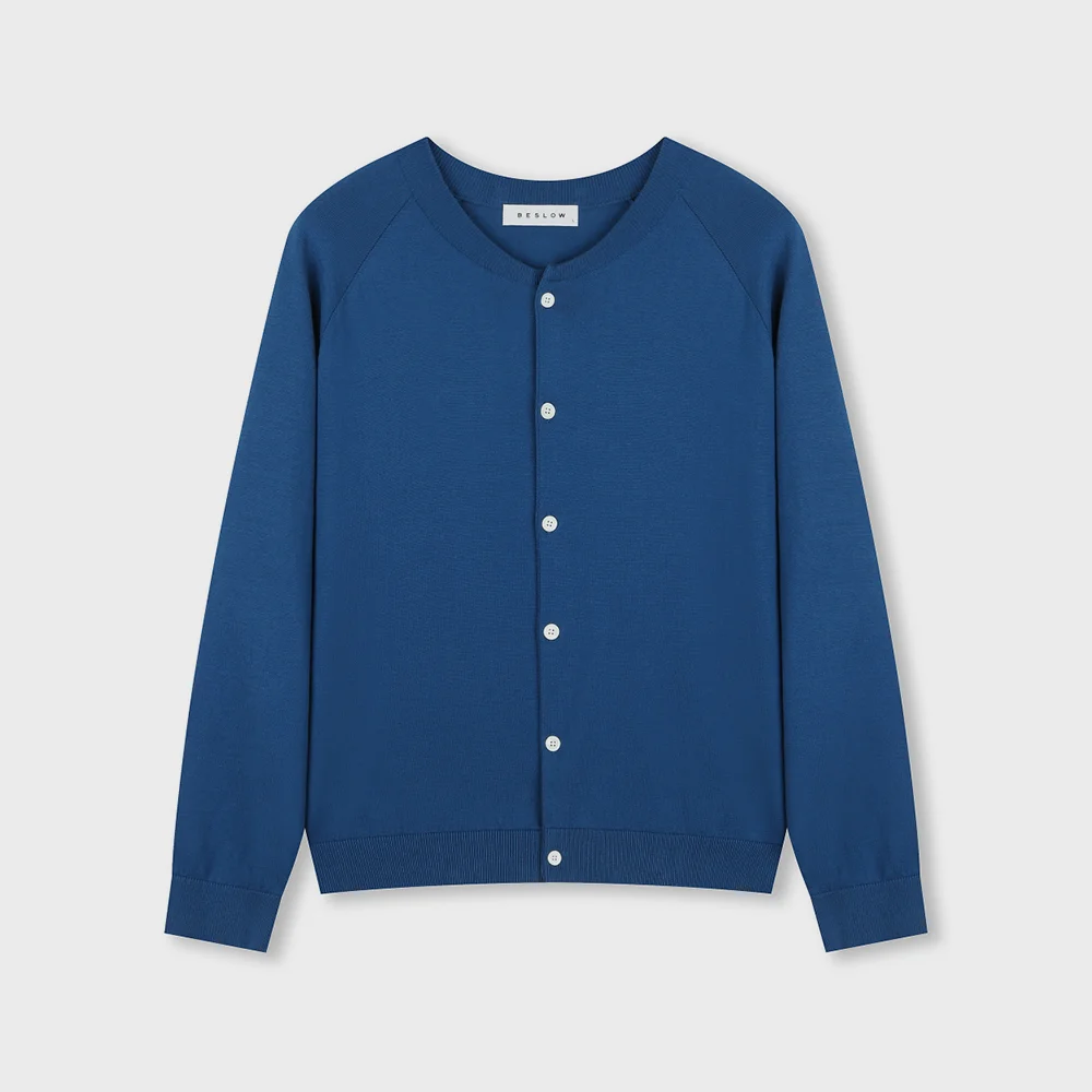 CREW NECK RELAXED SHORT CARDIGAN BLUE