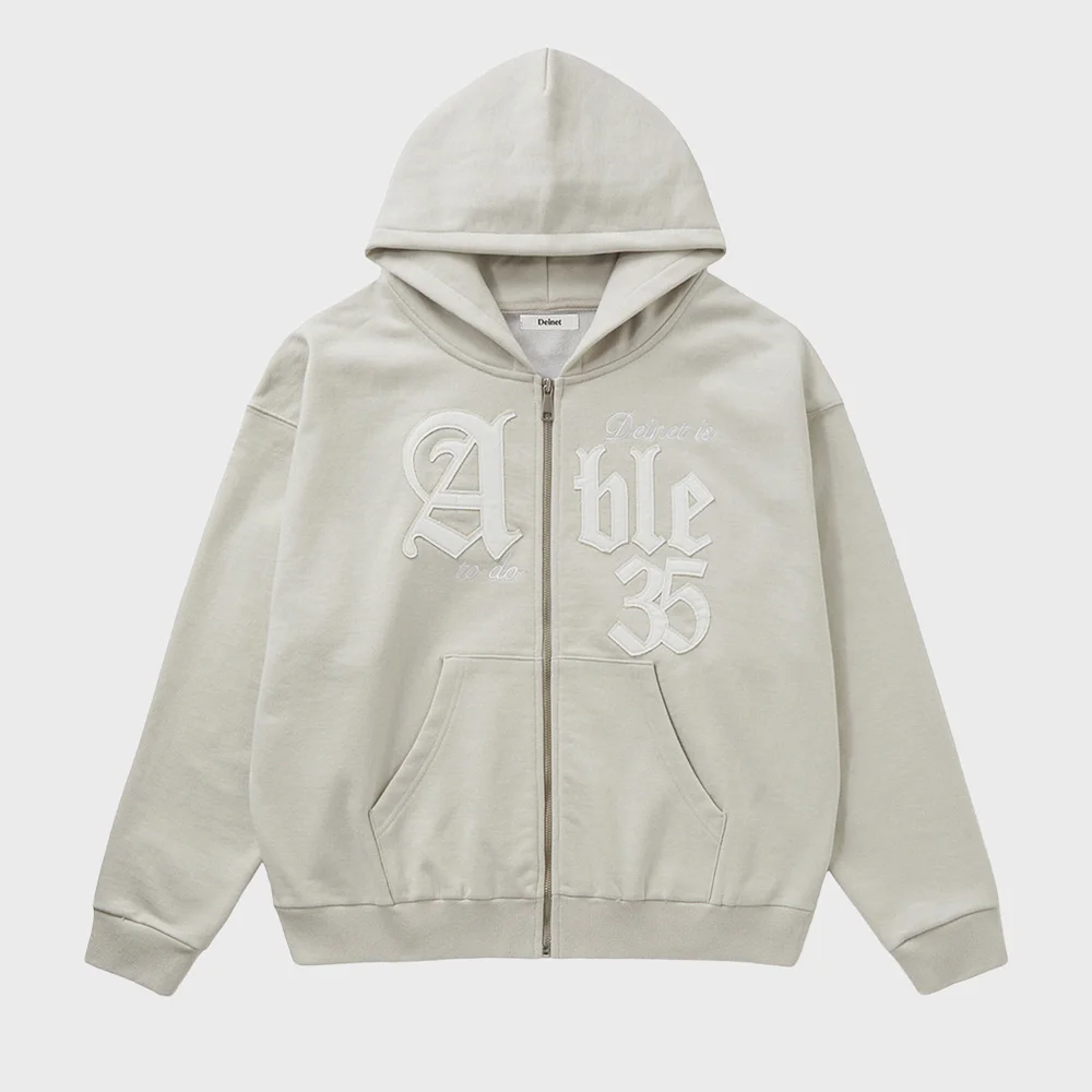 APPLIQUE ABLE OVERSIZE HOOD ZIP UP IN GREY
