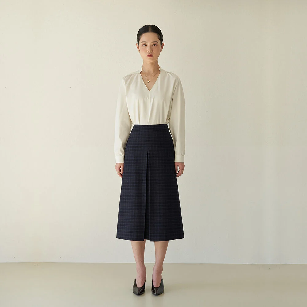 pocket point check midi skirt_Navy