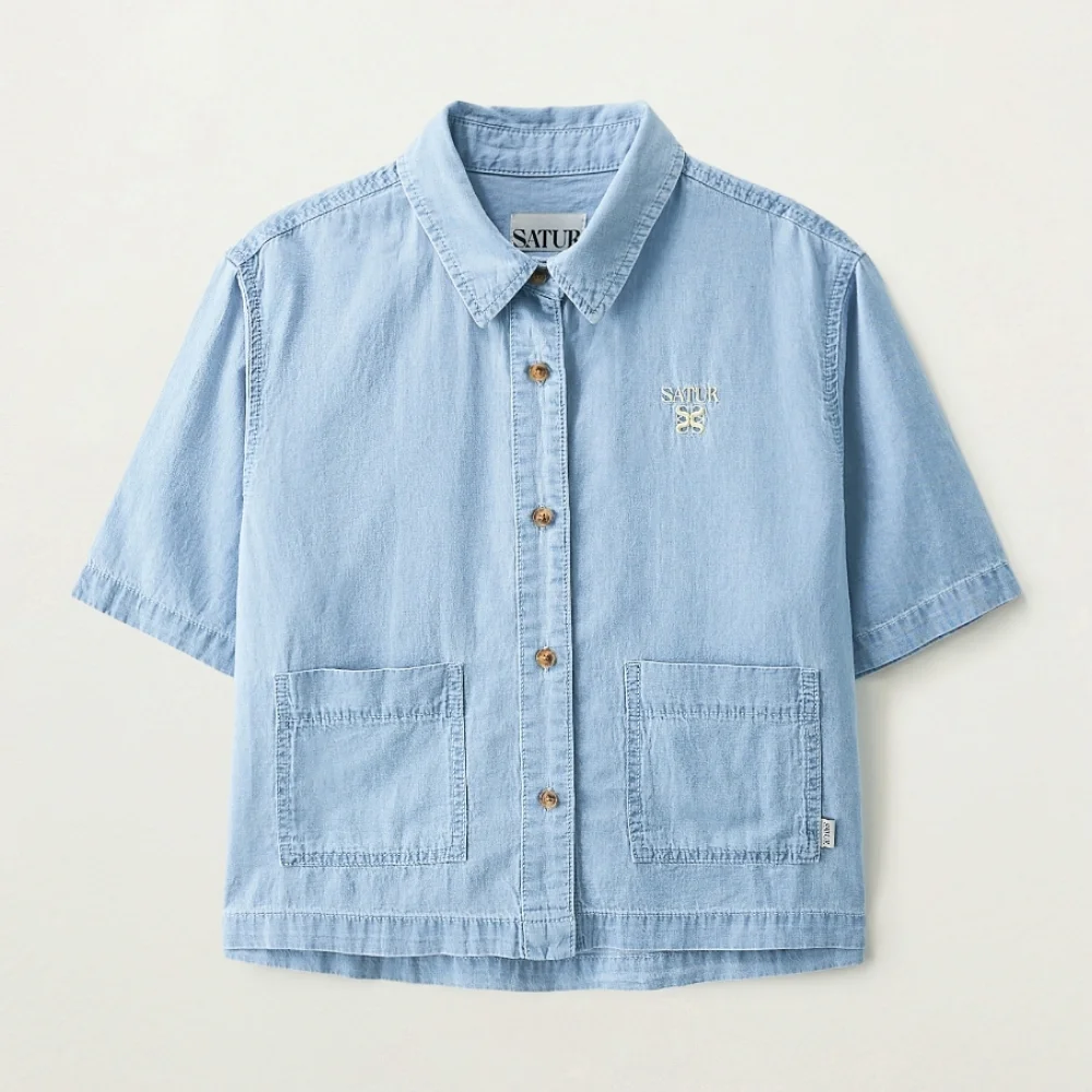 (W) 淺 Weight 牛仔 口袋 半 襯衫 淺 藍色