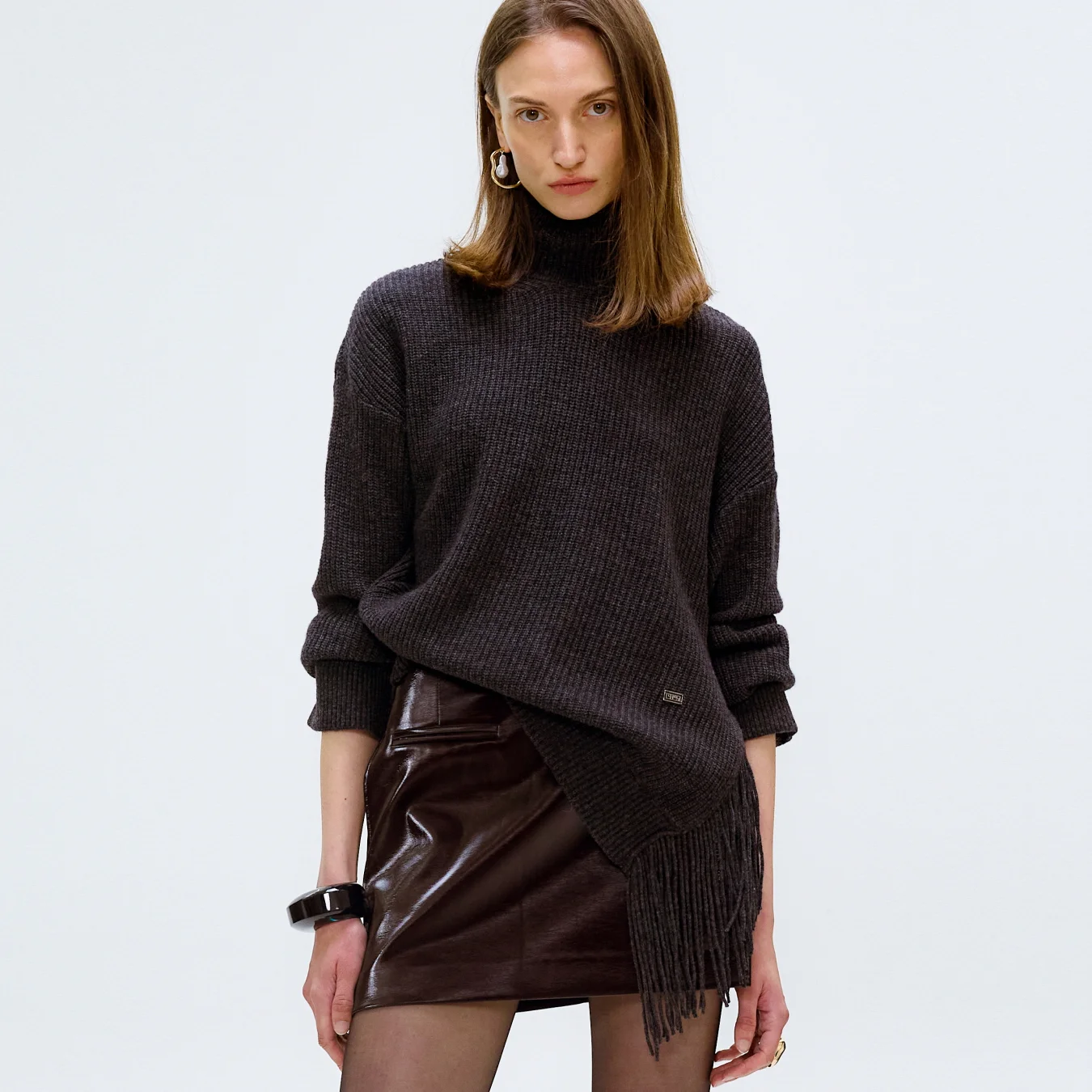 FRINGE HIGHNECK KNIT PULLOVER_DARK GRAY