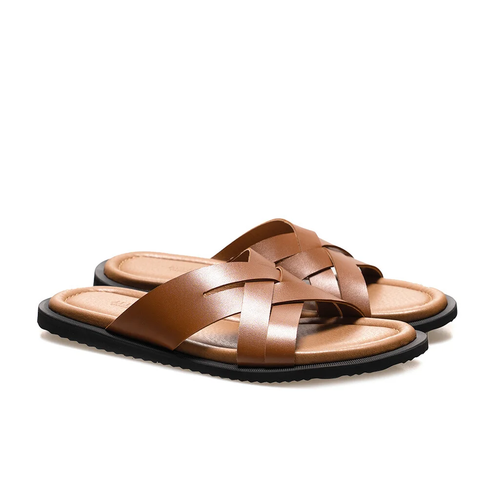 ALC7002 Intrecciato 皮革 拖鞋_camel brown