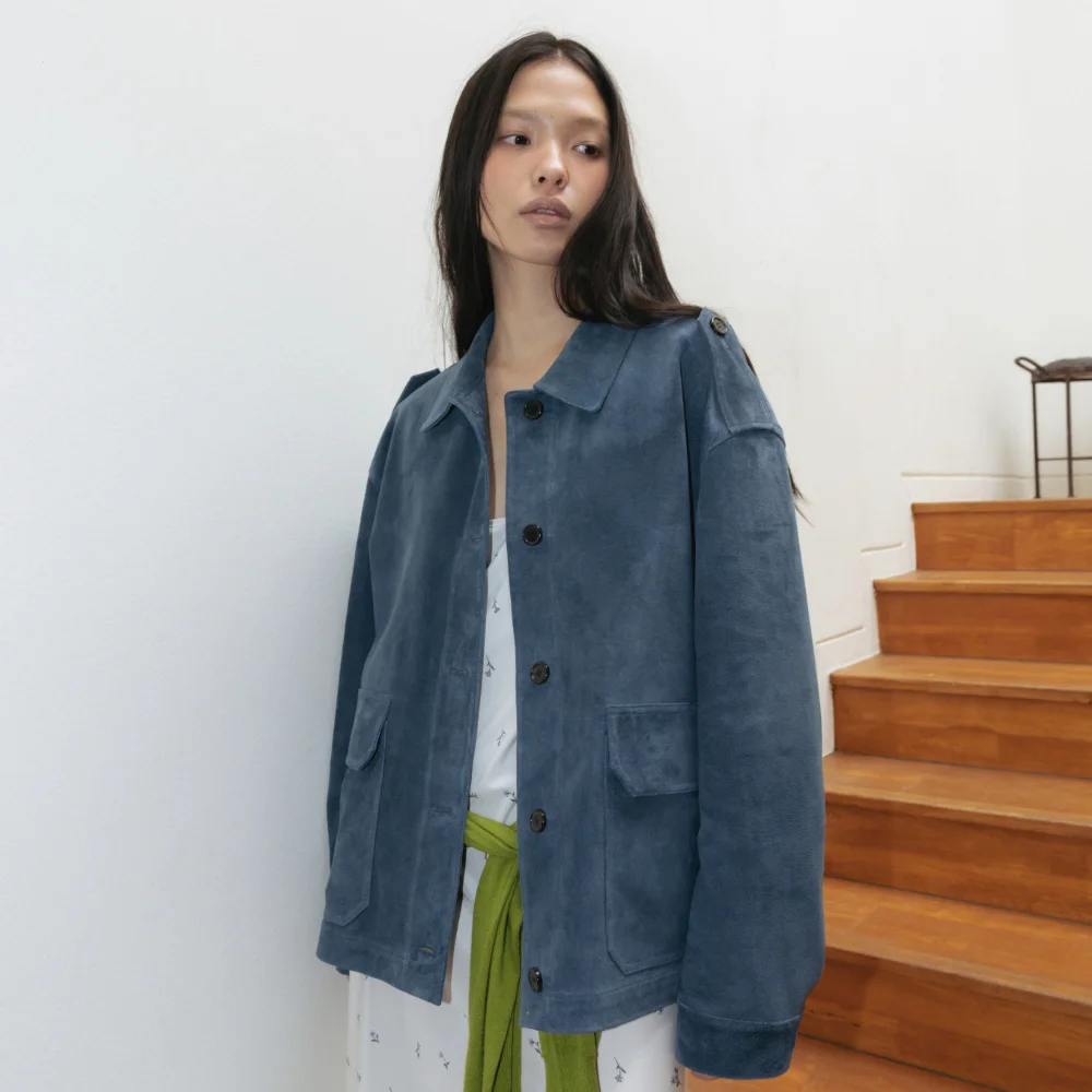 Suede Utility Jacket (Olive / Blue)