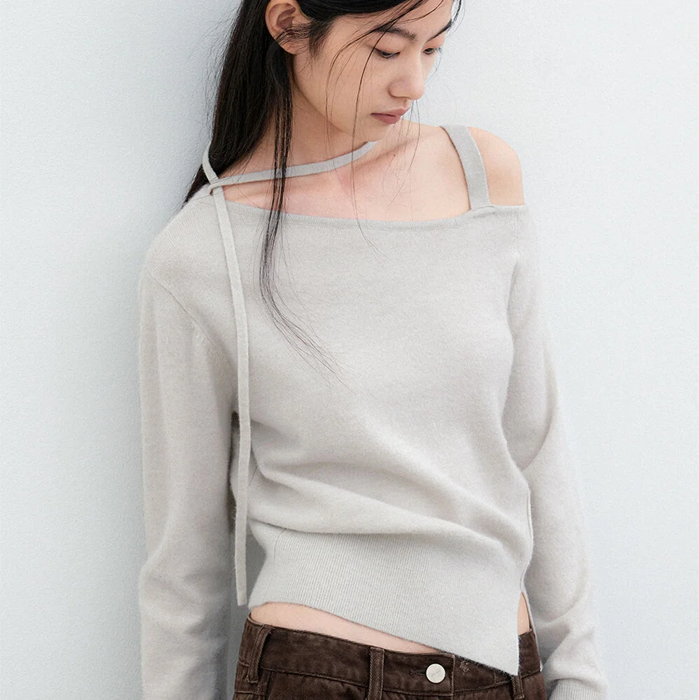 (T-7310)WOOL SOLID ONE OFF SHOULDER STRAP KNIT