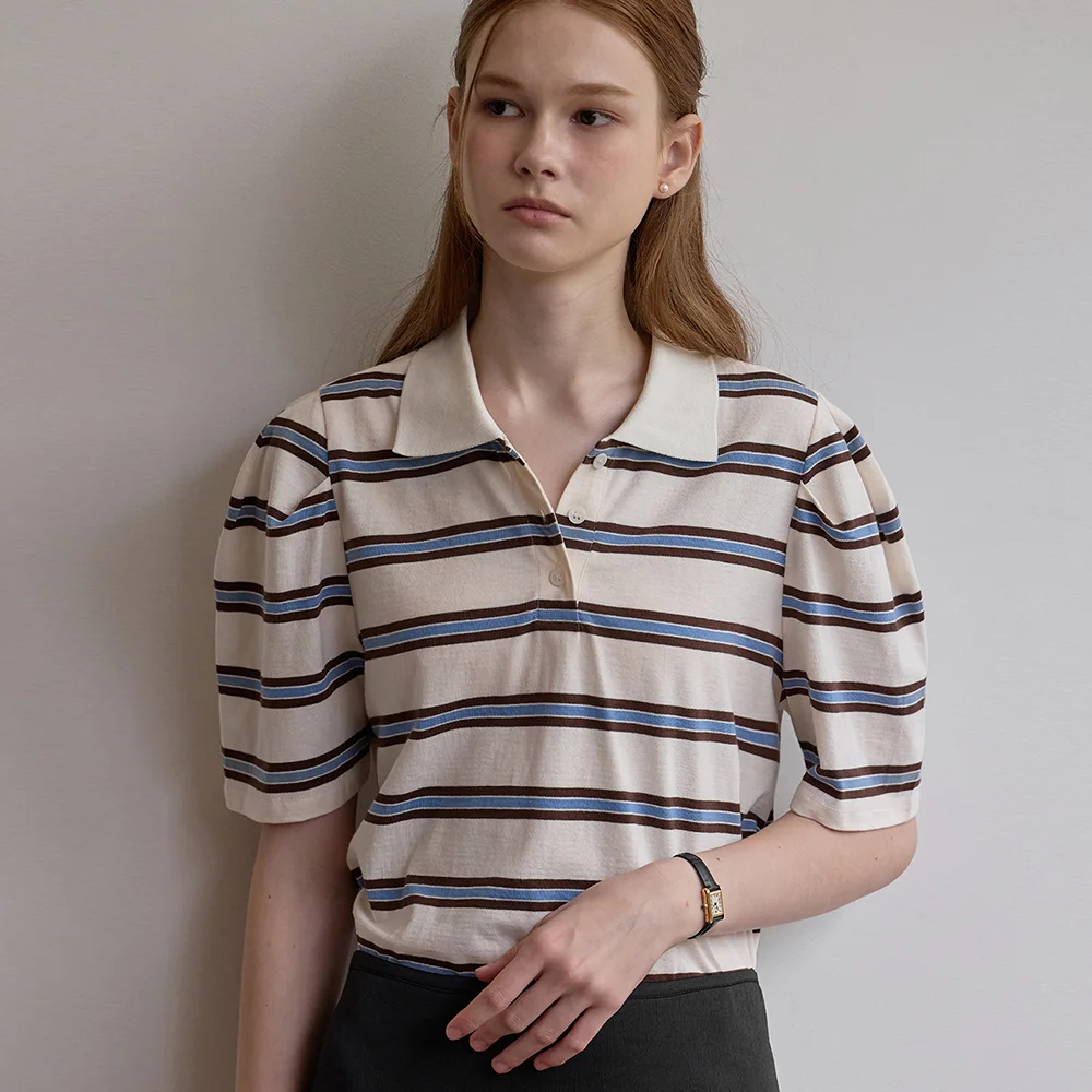 Stripe collar puff top - Blue