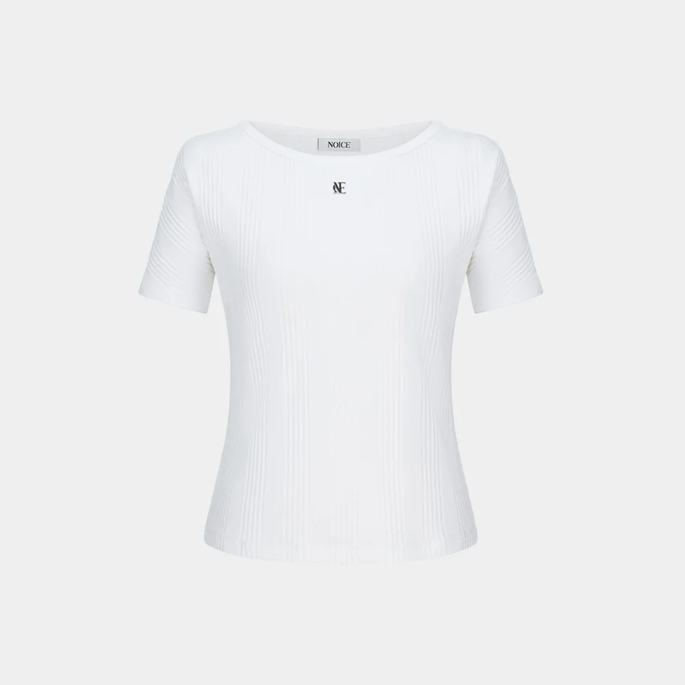 (W) BOAT-NECK LOGO RIBBED T-SHIRT - WHITE
