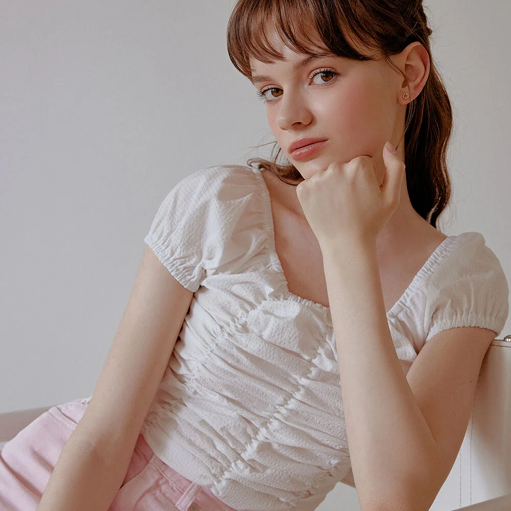 Puffy shirring blouse (white)