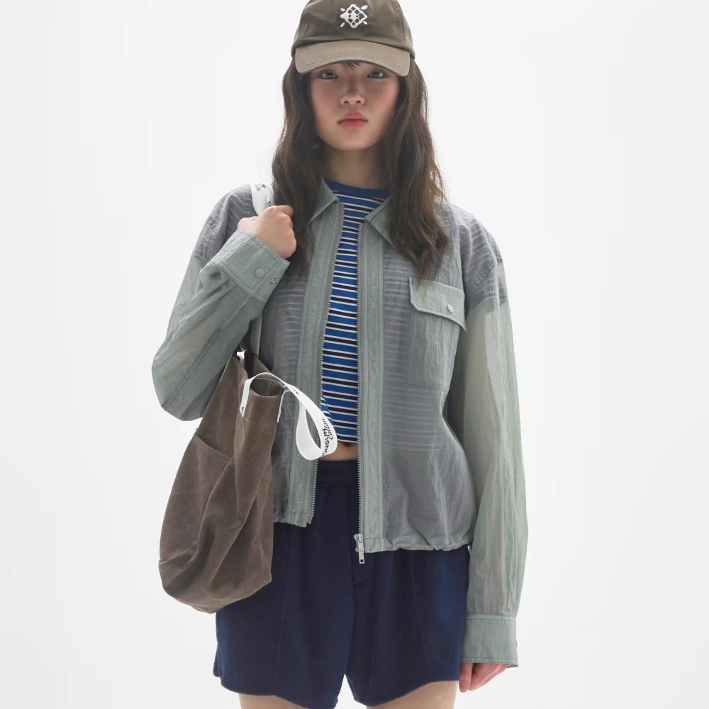 M.C UNISEX, Sheer Zip-Up Shacket / GRAY