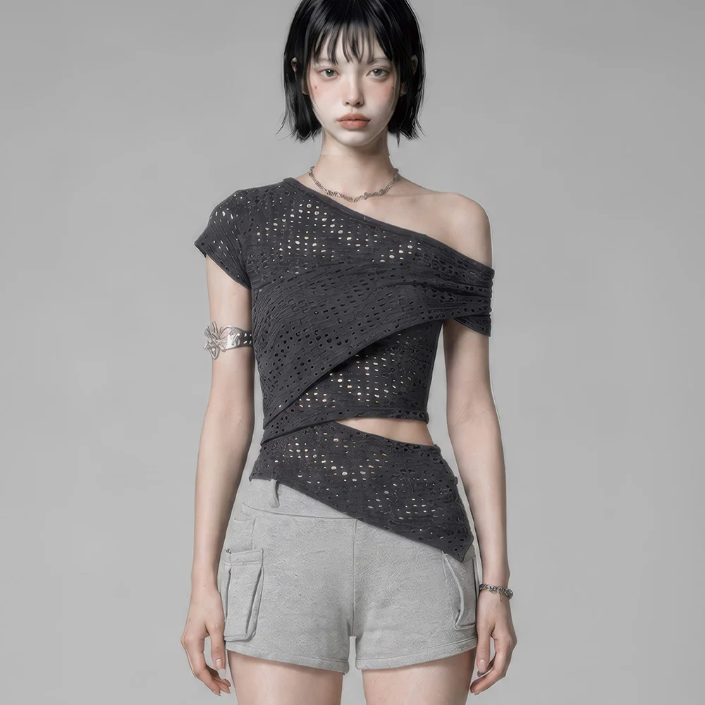 Hole Knit Layered Side Slit Top (Charcoal)