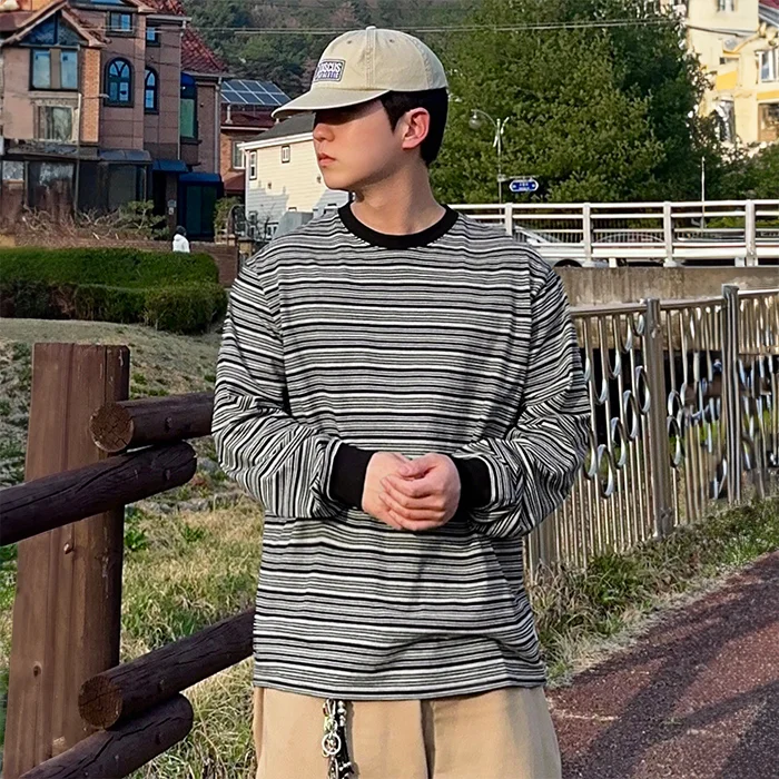 多色 條紋 長 衣袖-黑色