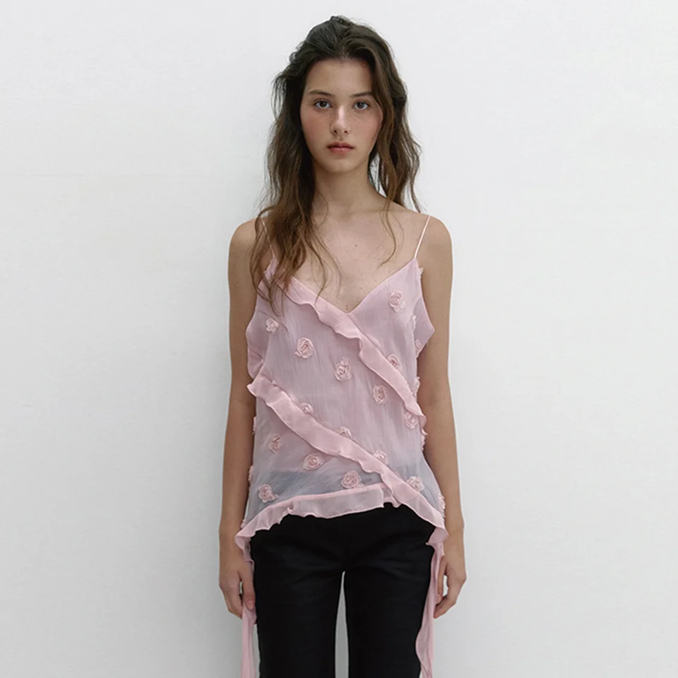 FLOWER CHIFFON RUFFLE BLOUSE (PINK)