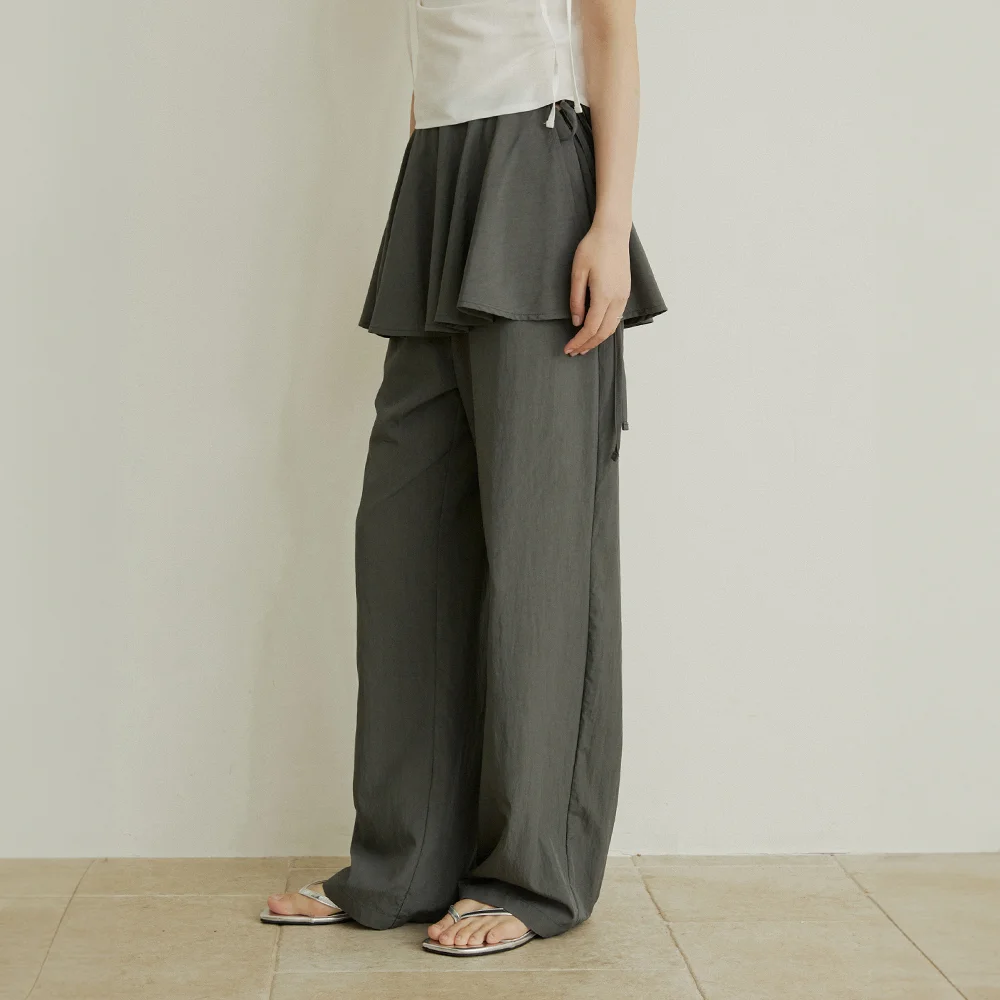 Nylon flare layered skirt pants - charcoal