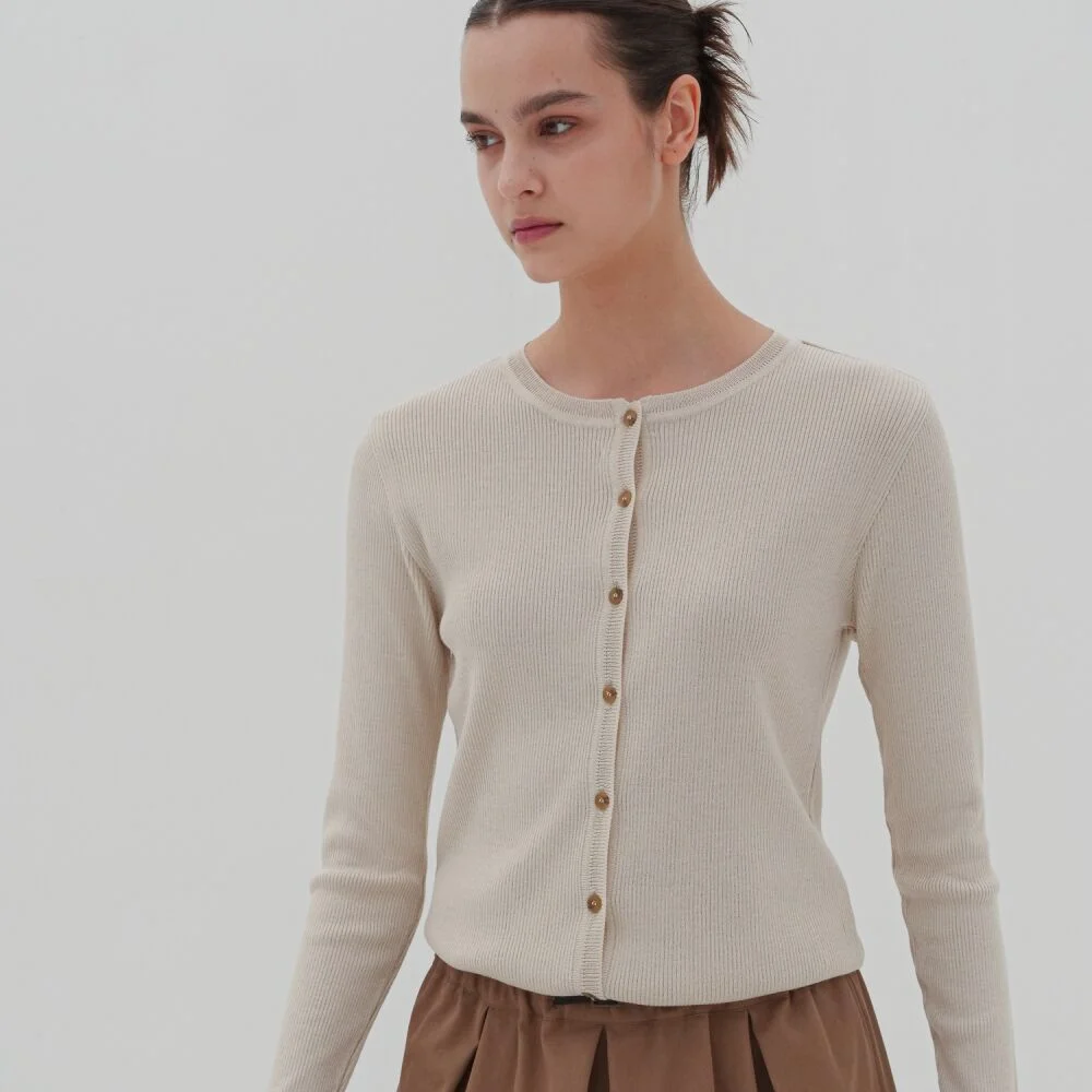 Round Neck Ribbed Cardigan _Beige
