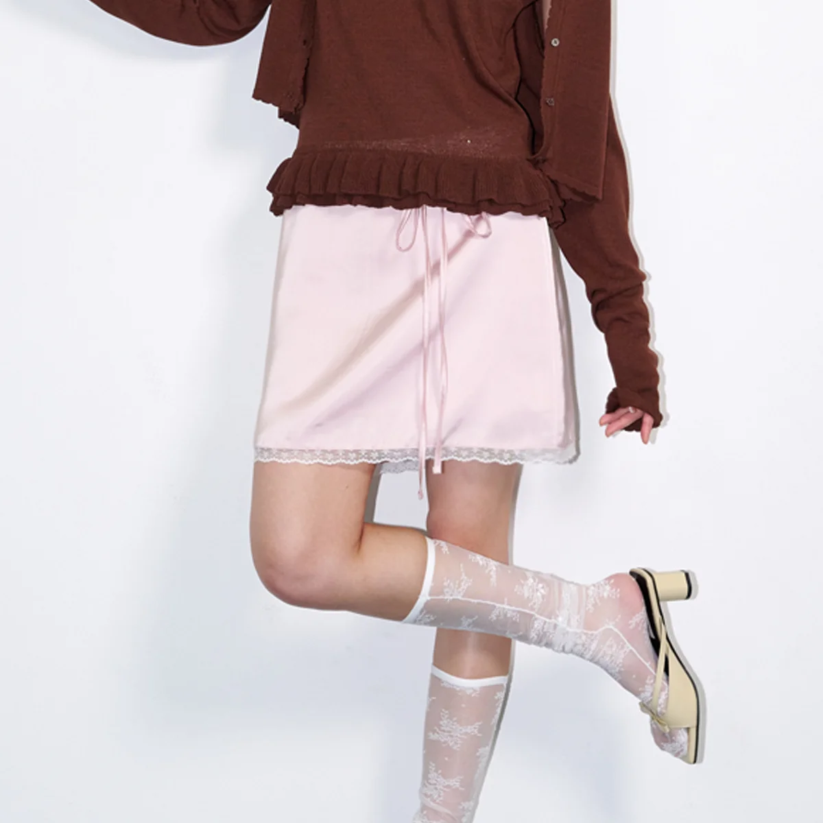 String Belt satin mini skirt Lace Pink