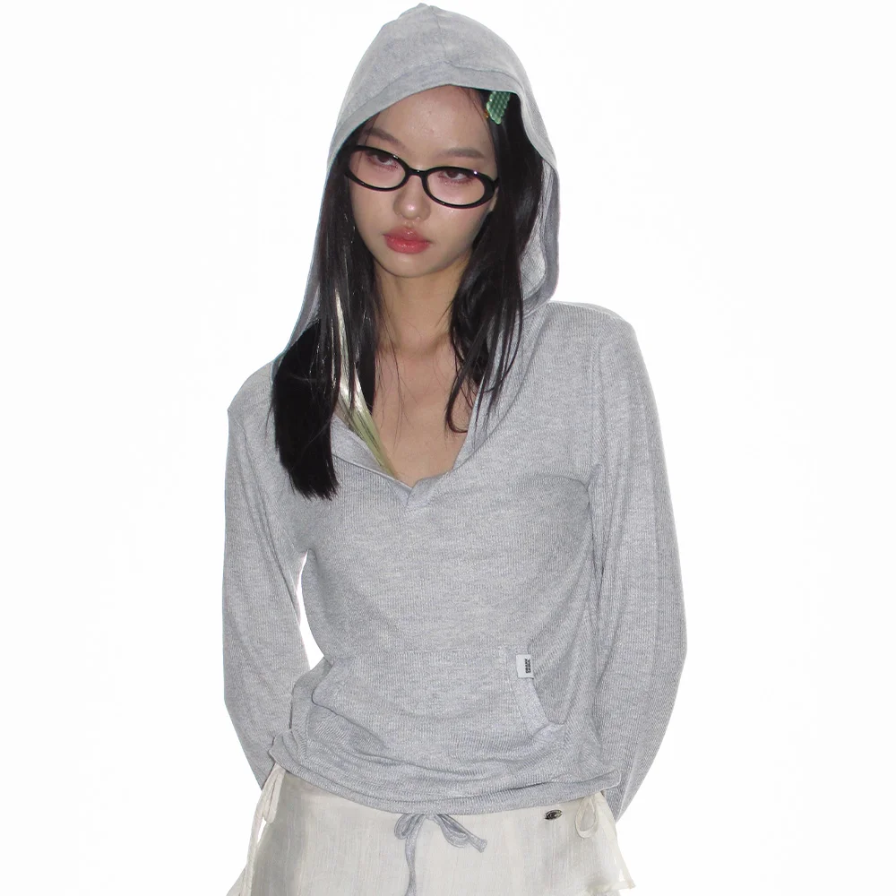 SOFT RIB HOODED TOP_LIGHT MELANGE GREY
