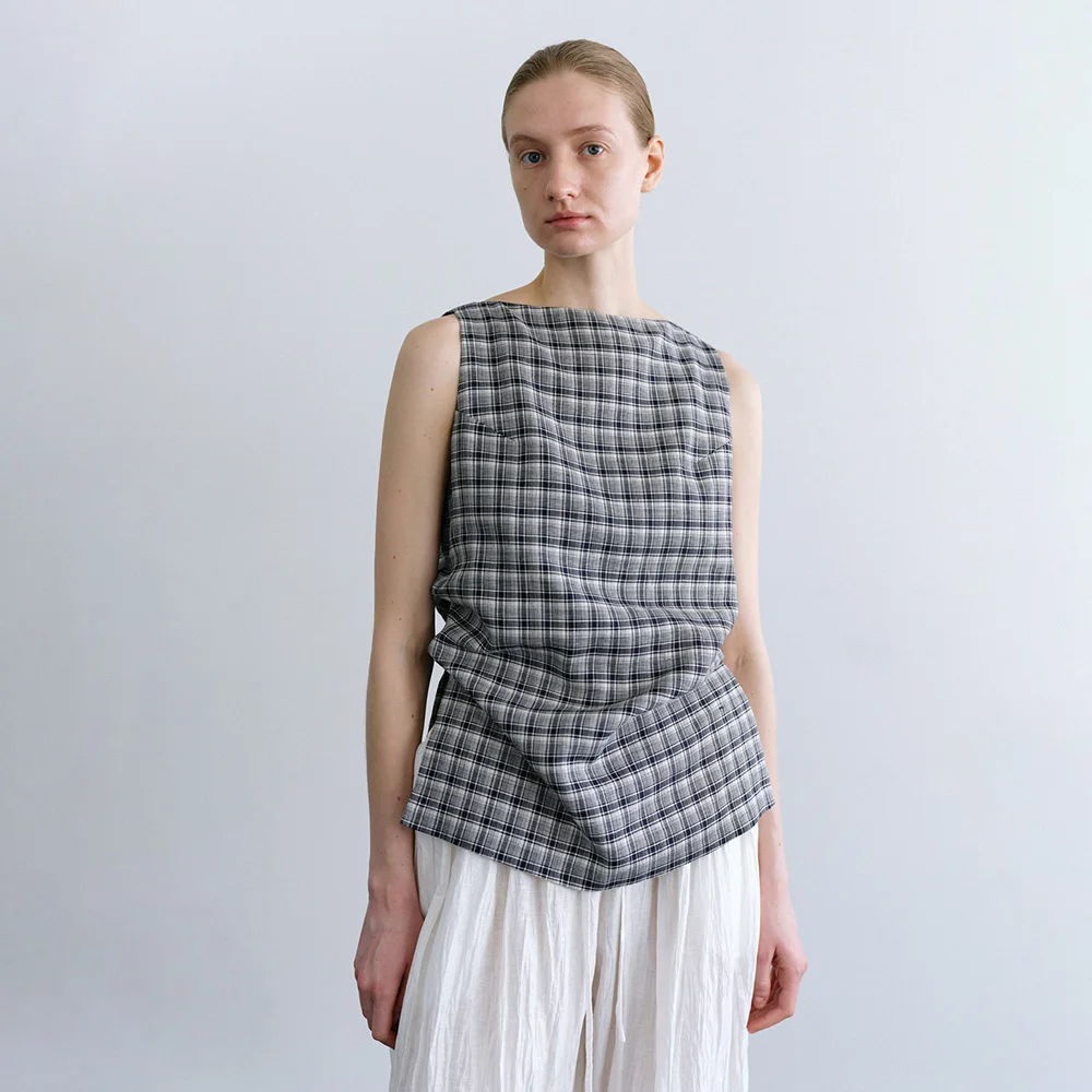 Arles Shirring Sleeveless in Navy Check