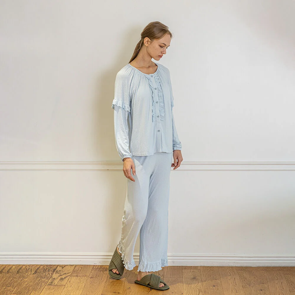 MJ_Slim-fit pleated neckline two piece pajamas_BLUE