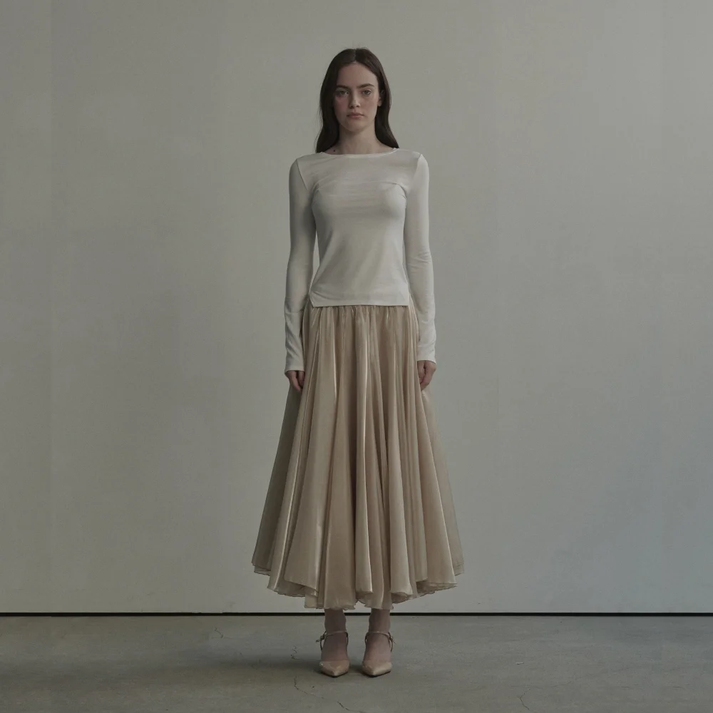 Nerina Sheer Long Flare Skirt - Cream