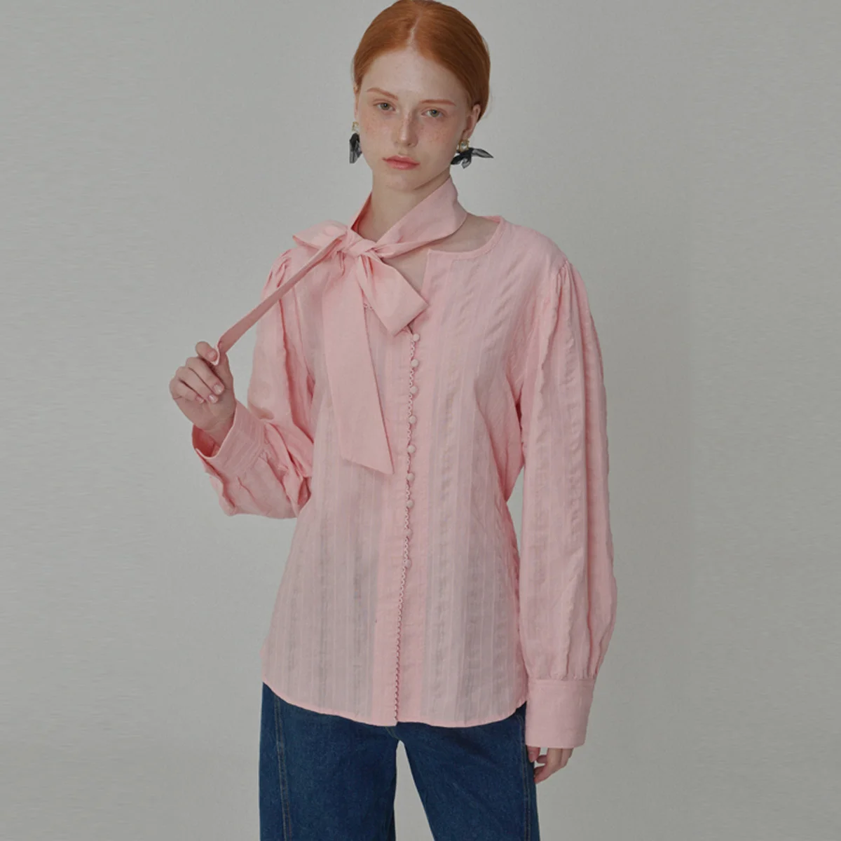 Puff Sleeve Tie Cotton Blouse_Pink