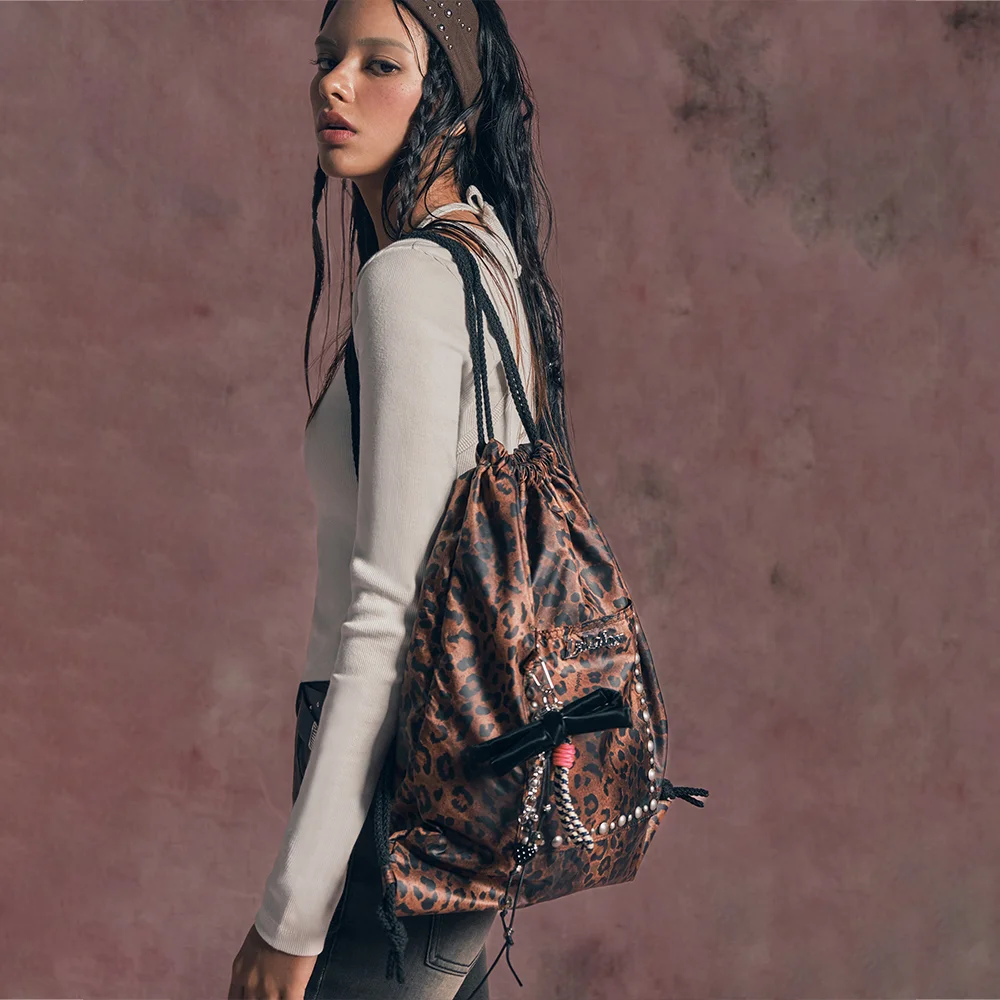 LEOPARD PRINT STRING BACKPACK BROWN BQ4AB001