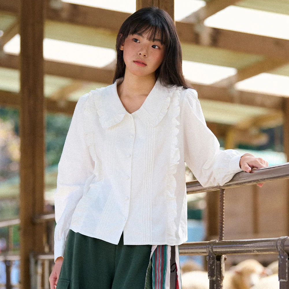Frill Collar Ruffle-Tuck Blouse (2colors)