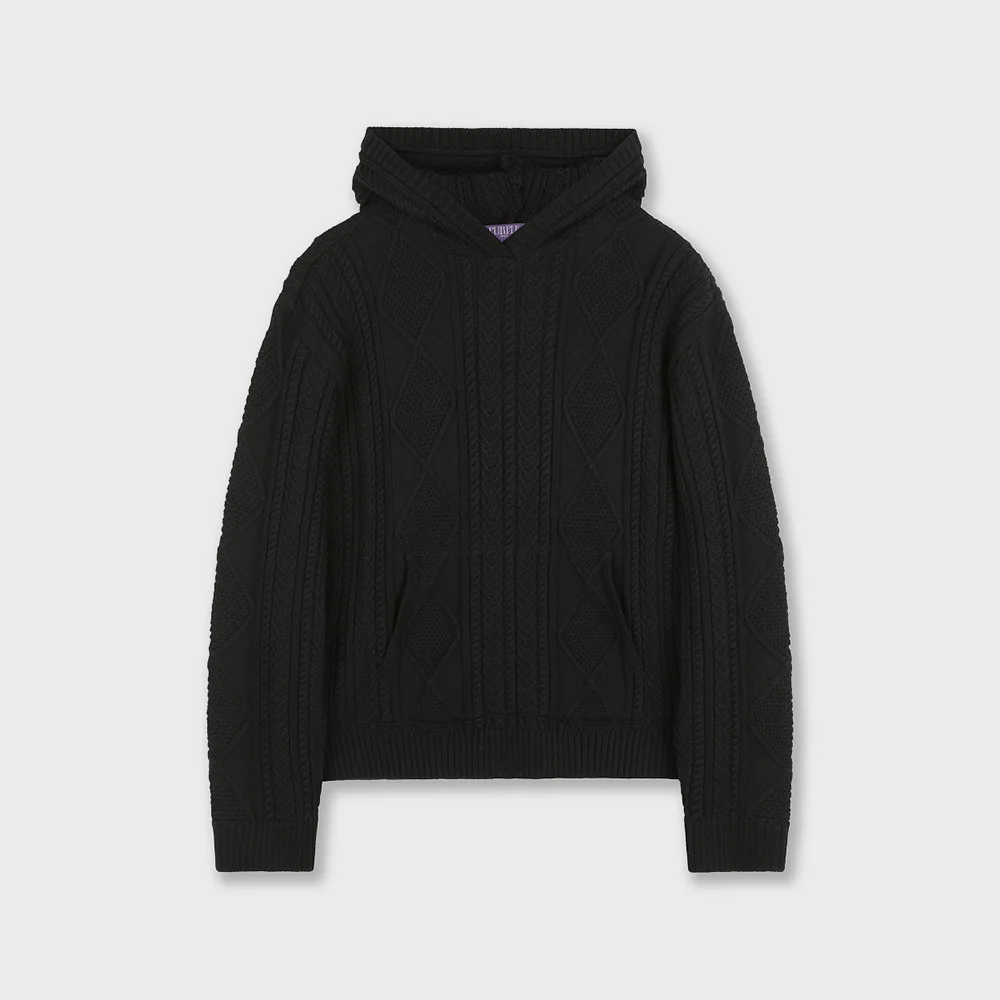 FISHERMAN CABLE KNIT HOODIE BLACK