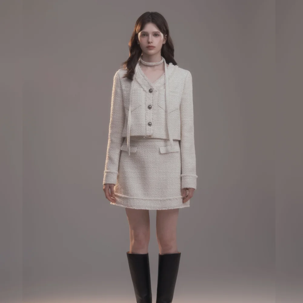 Fringed Tweed Skirt - Ivory