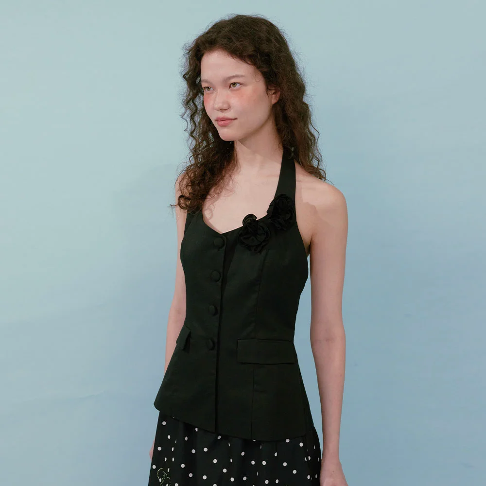 Corsage Halter Neck Vest (Black)
