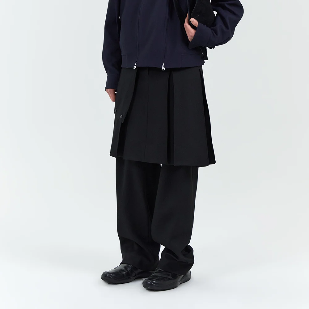 BELTED POCKET LAYERED SKIRT PANTS BLACK