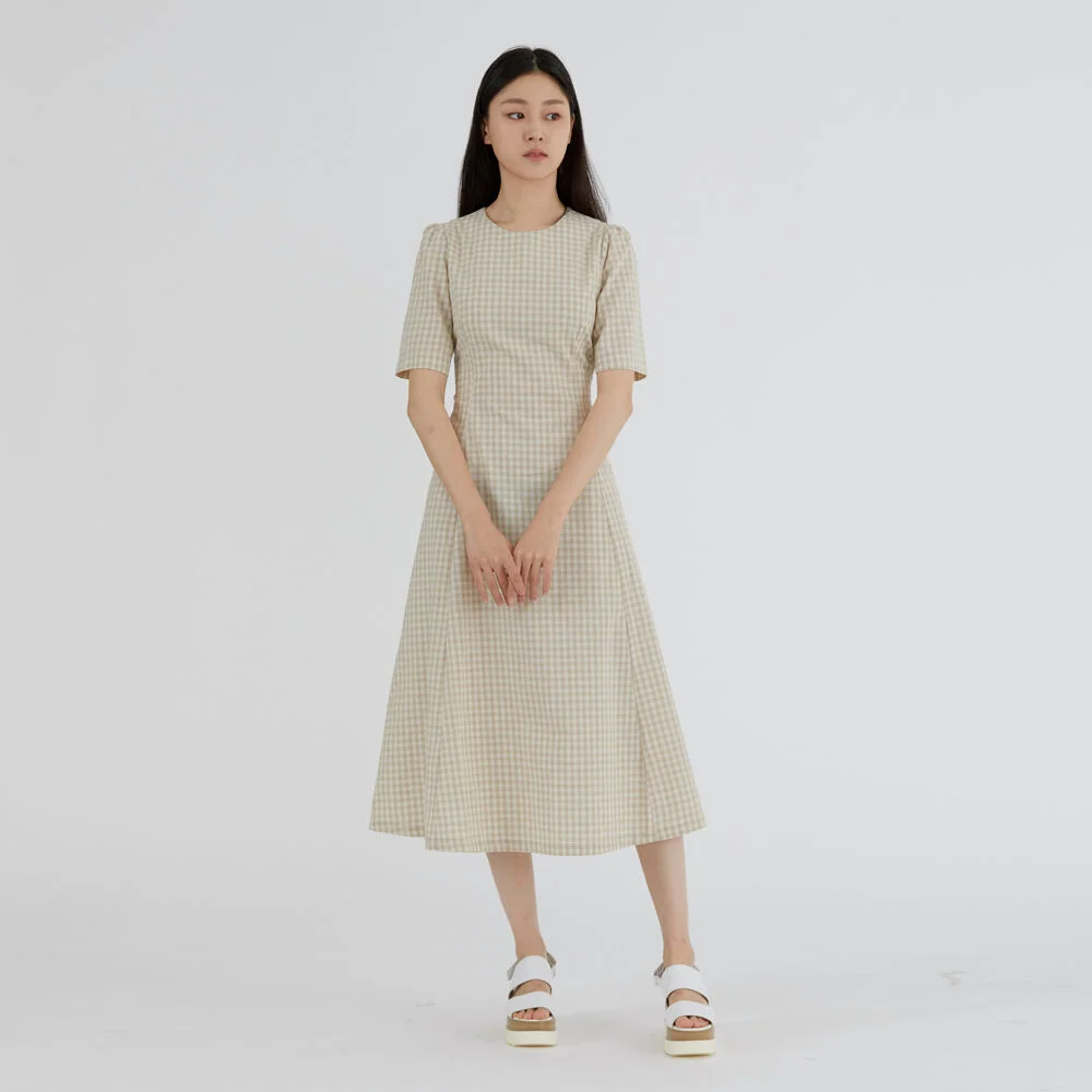RIBBON POINT CHECK DRESS - BEIGE
