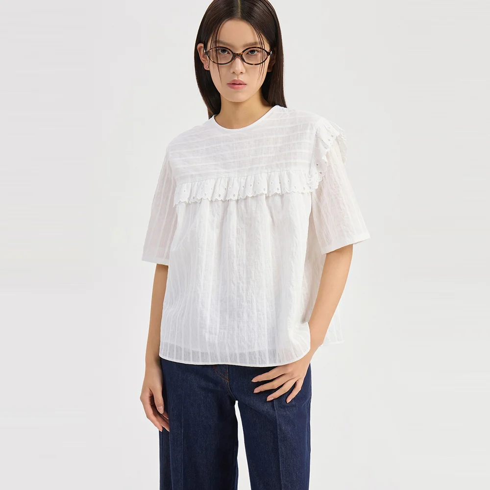 Frill Lace Stripe Short Sleeve Blouse (white) LFSAM26430WHX